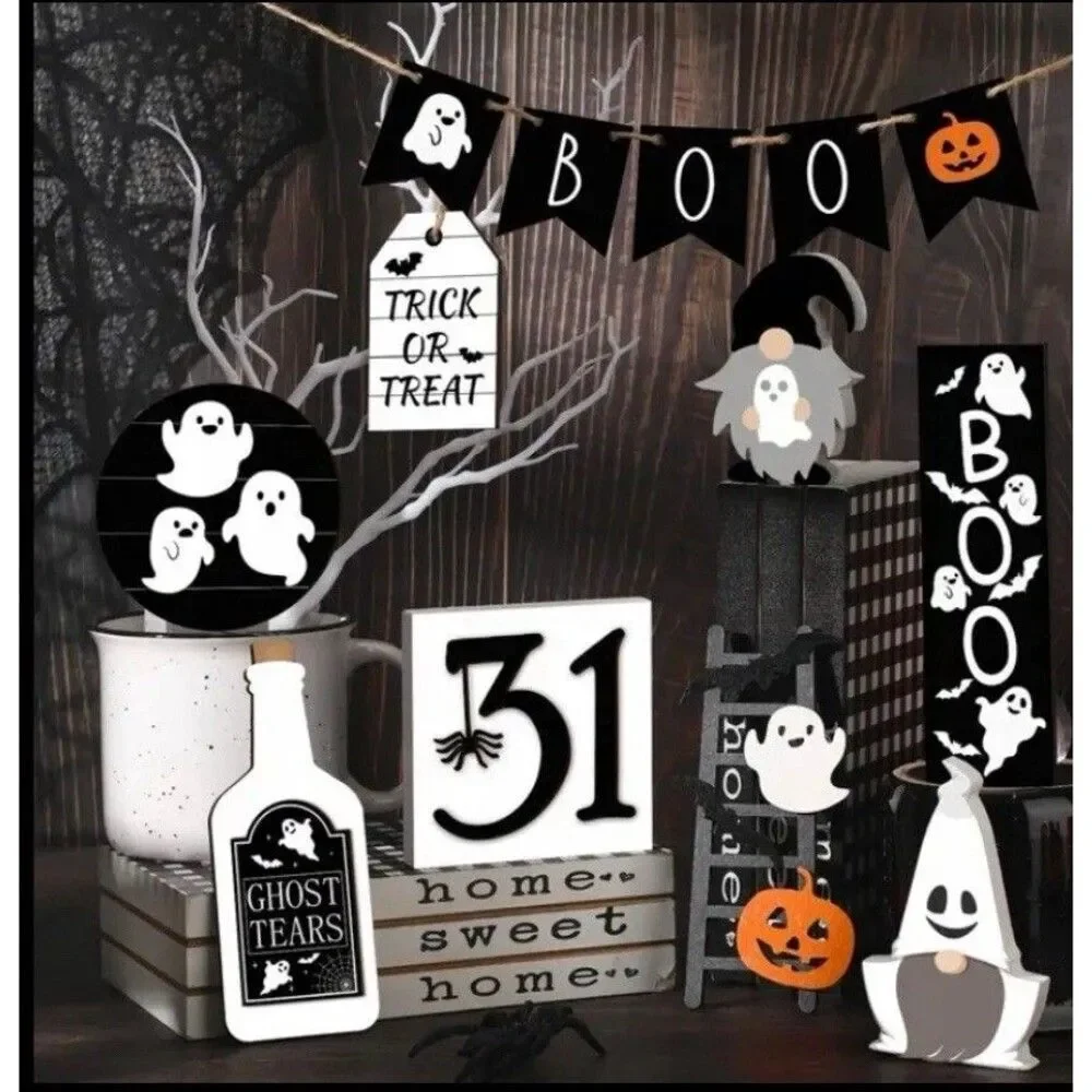 Halloween 13 Piece Rustic Country Wood Halloween Decor Set Farmhouse Tier Tray